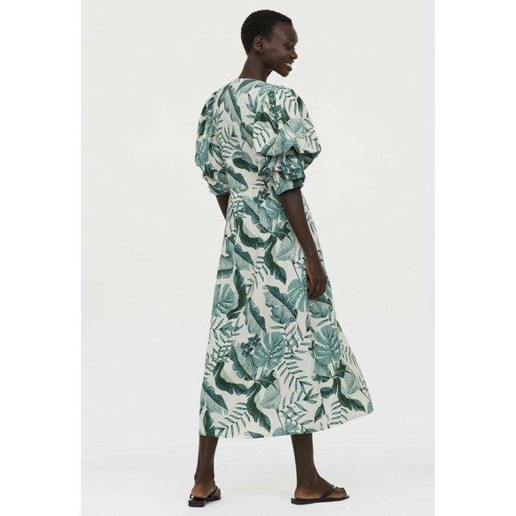 JOHANNA ORTIZ H&M COLLABORATION GREEN LEAF PRINT LINEN DRESS SIZE LARGE - Picture 3 of 10